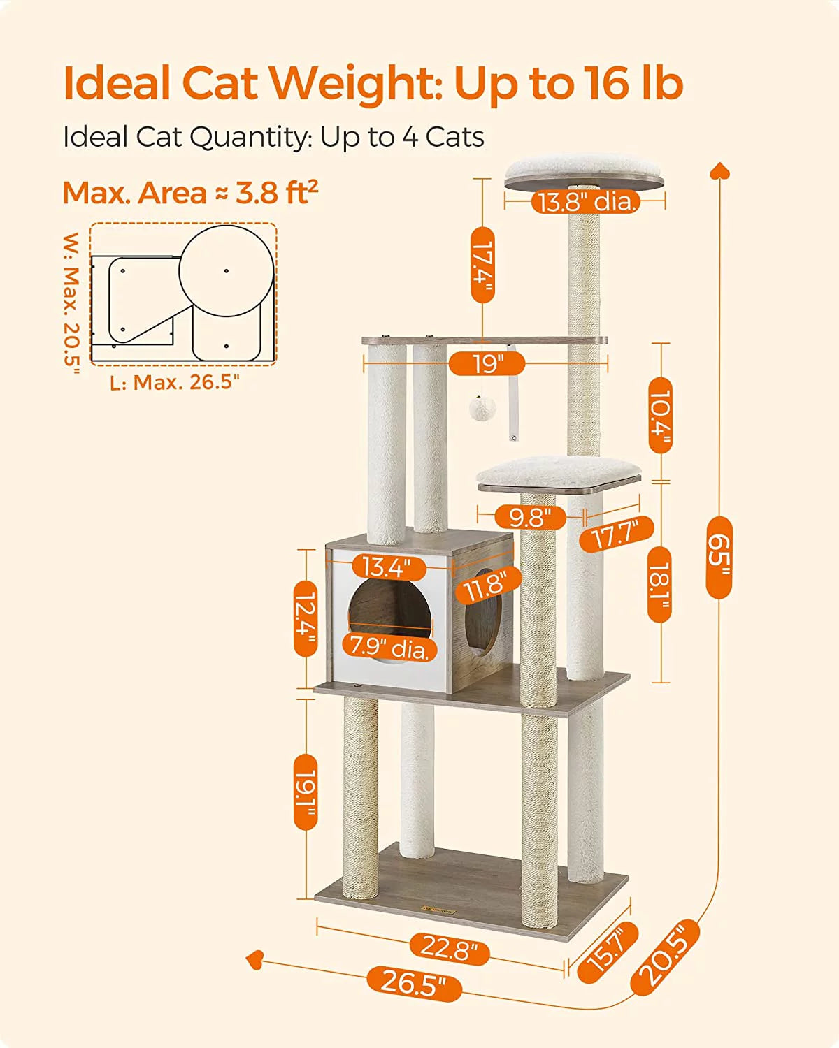 65-Inch Multi-Level Cat Tree with 5 Scratching Posts J613508