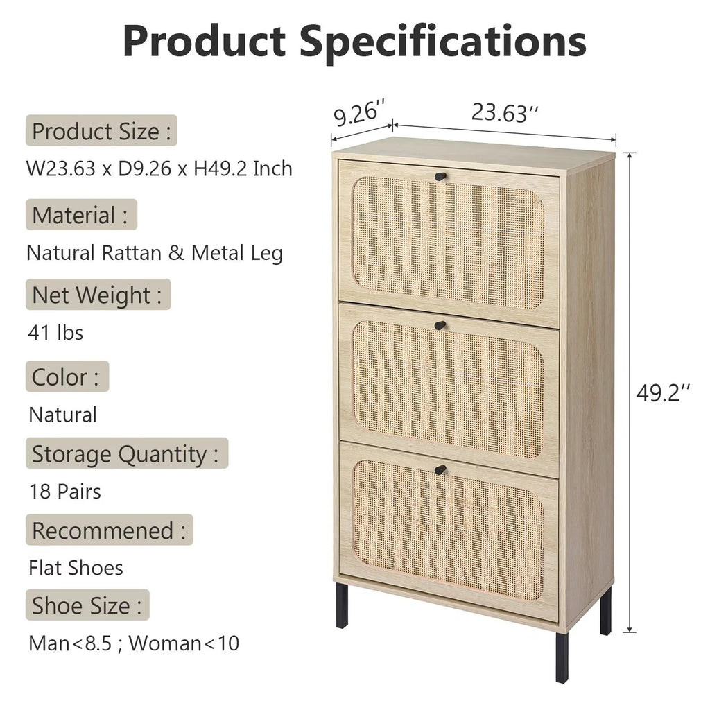 3 Flip Drawer Rattan Shoe Cabinet with Adjustable Shelves K76118
