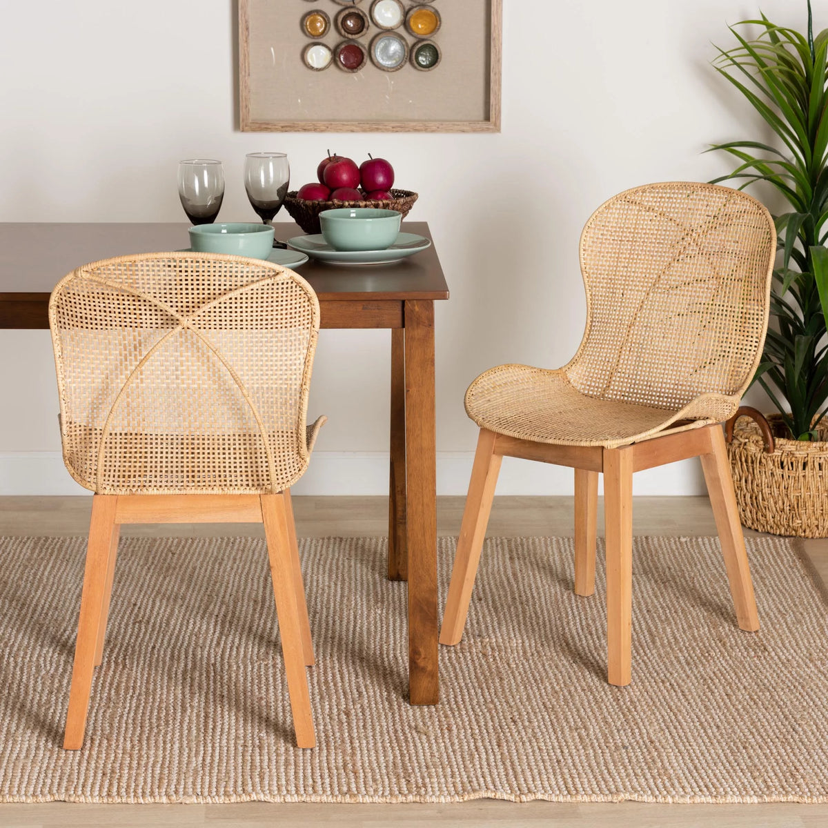 Natural Brown Mahogany and Rattan 2-Piece Dining Chair Set I322216
