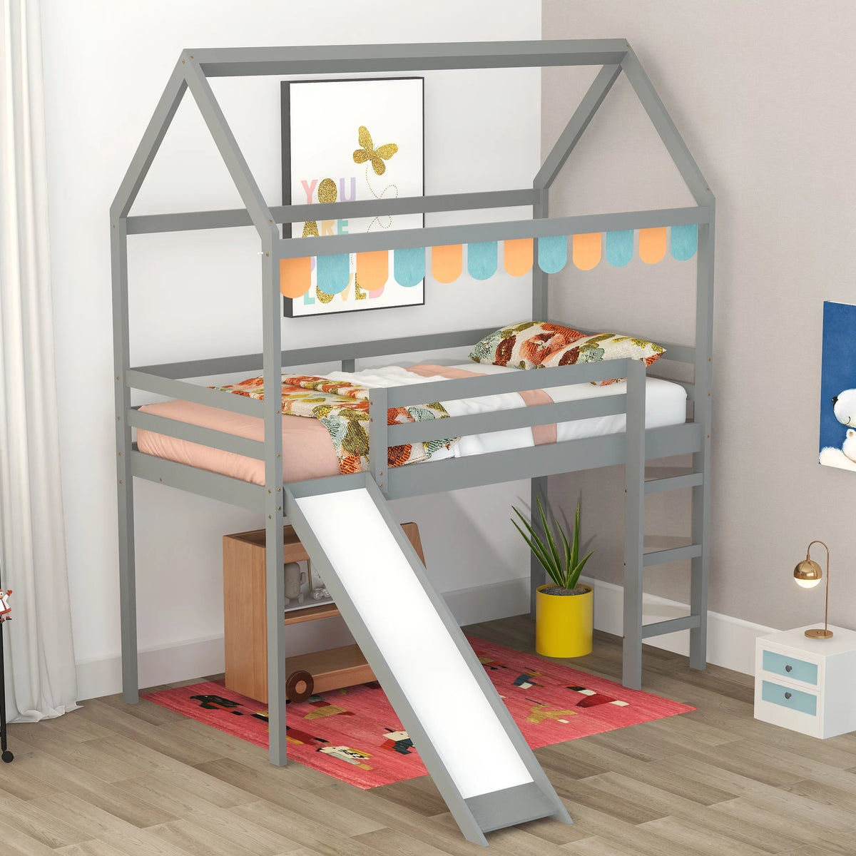 Twin Wood Loft Bed with Slide and Ladder S56243