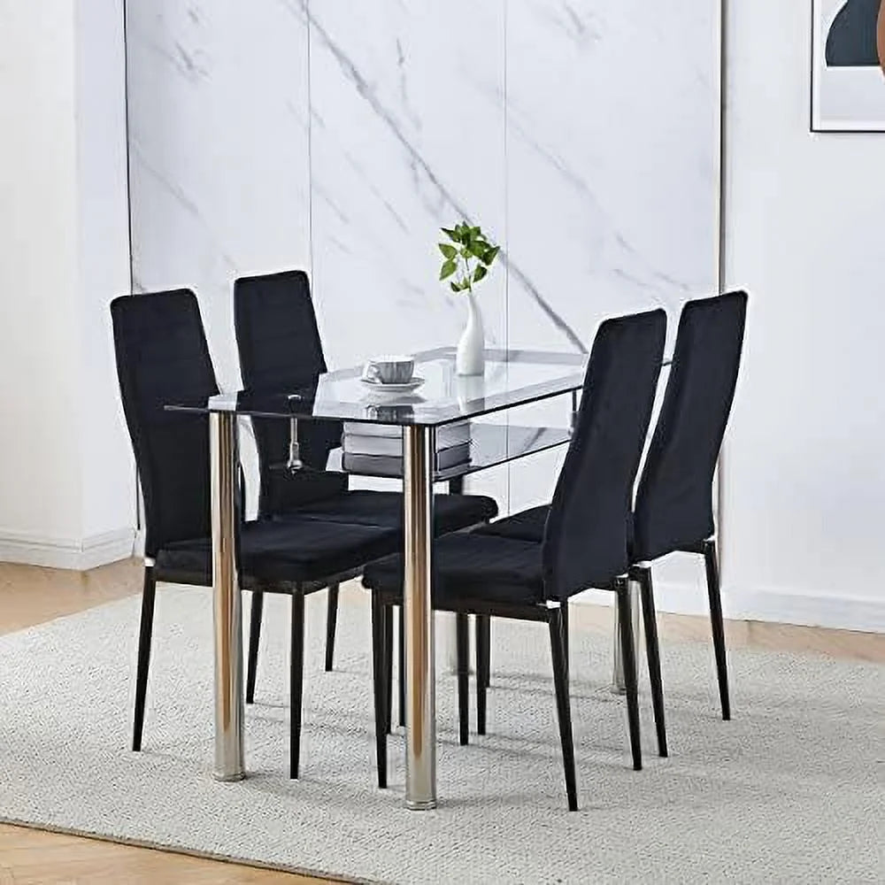 Rectangular Dining Table Chair Set with Glass Stainless Steel Legs Q575